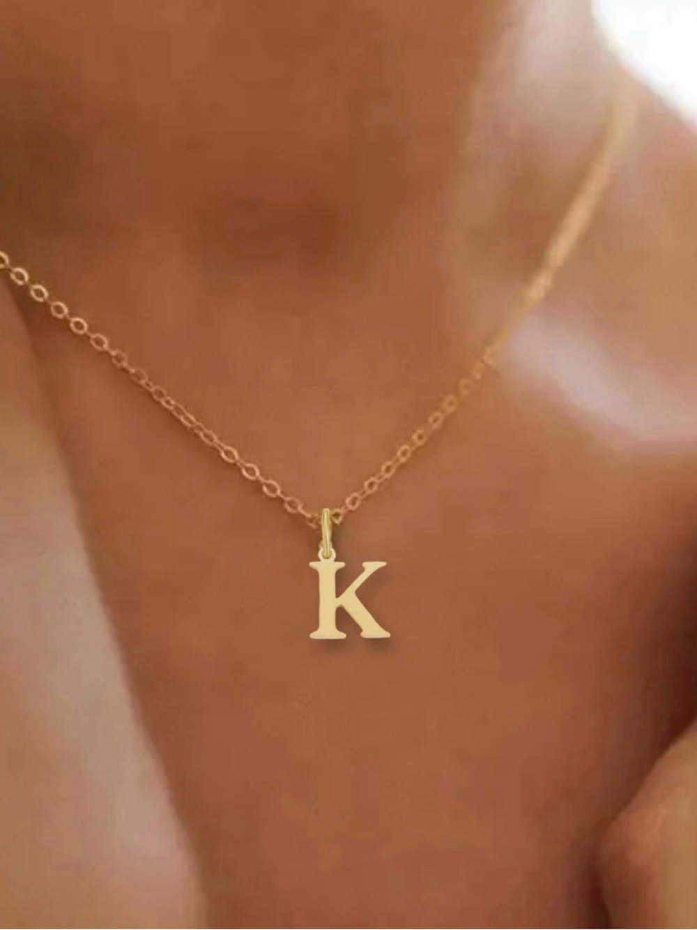 Classic Gold Block Letter Initial Charm Necklace, “K” Pendant, Stainless Steel